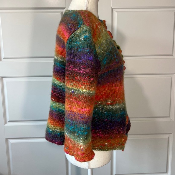 Handmade Knit Cardigan Sweater‎ Womens Small Multicolor Open Front Ruffle - Picture 6 of 8